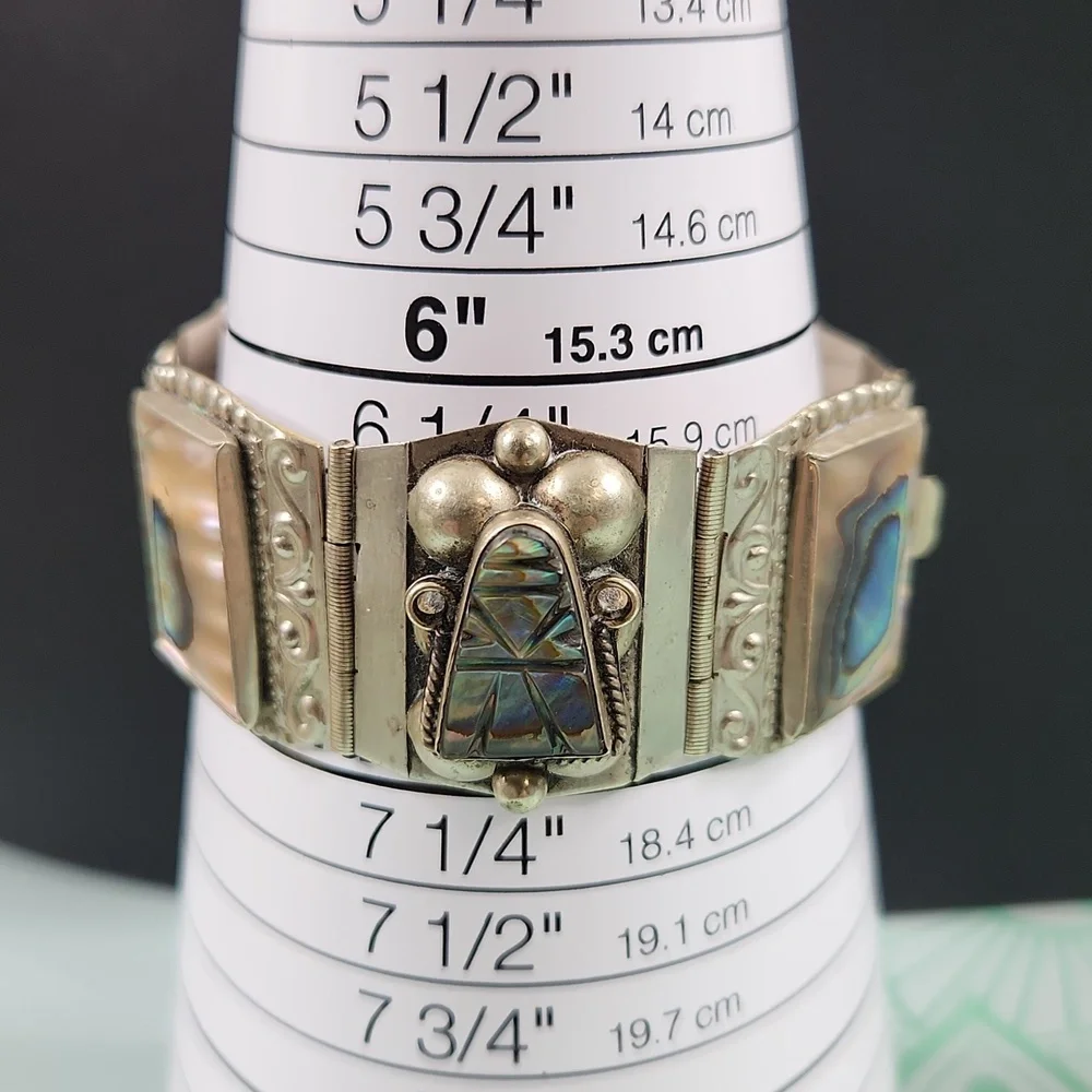 Vintage Taxco Mexico Sterling Panel Bracelet Abalone Mother of Pearl MOP - Picture 5 of 12